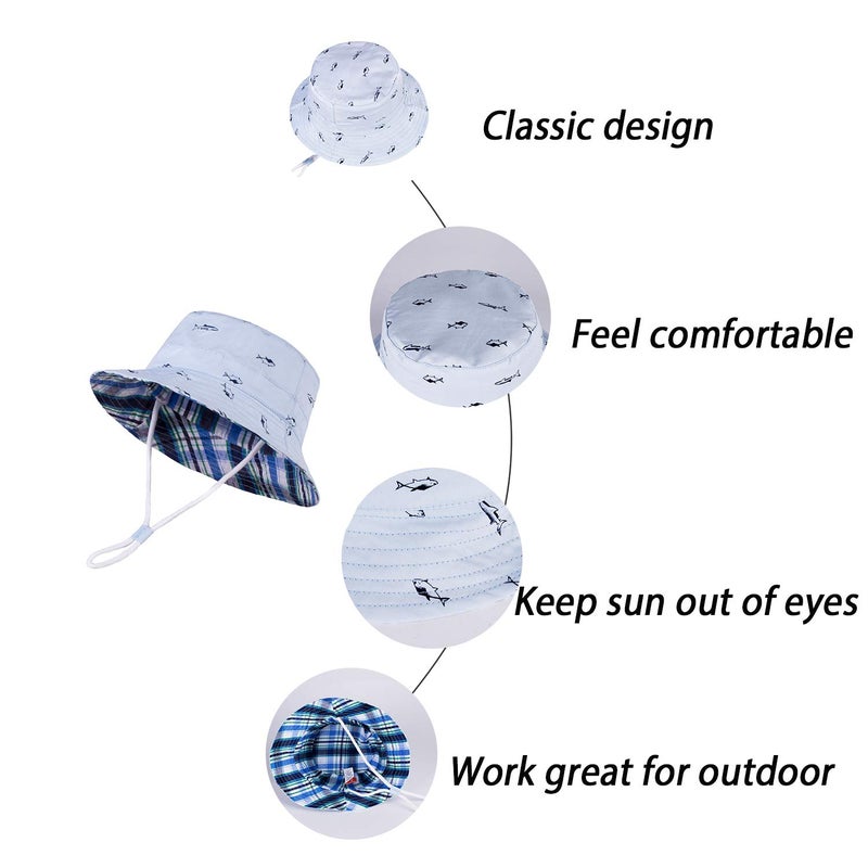 LANGZHEN Sun Protection Hat for Kids Toddler Boys Girls Wide Brim Summer Outdoor hat Cotton Baby Bucket Hat with Chin Strap (Light Blue - Fish, S: 6M-12M (48cm /18.9")) - Image 4